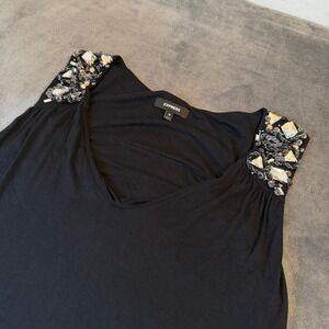 Express Beaded Shoulder Shift Dress Womens Medium Black Sequin V Neck Relaxed